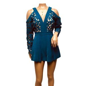 Keepsake Romper Womens Size XS Blue Lace Deep V Cold Shoulder Shorts Party NEW